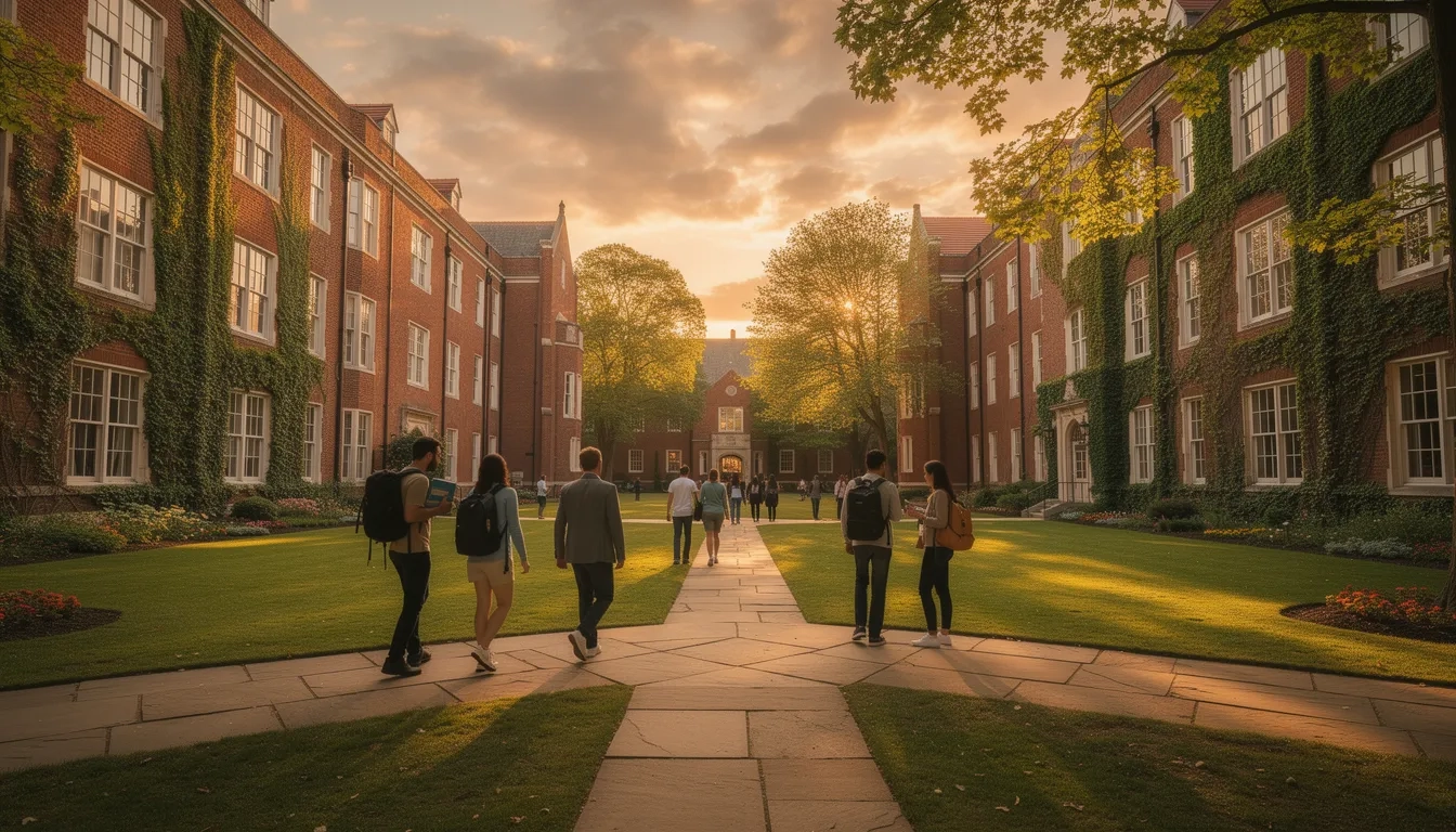 University campus with students walking between buildings