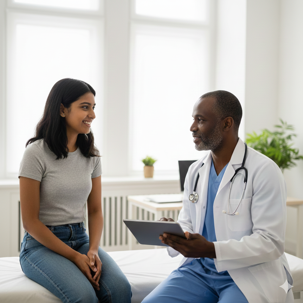 student with a doctor in doctor's office, meeting one of her New Year's goals
