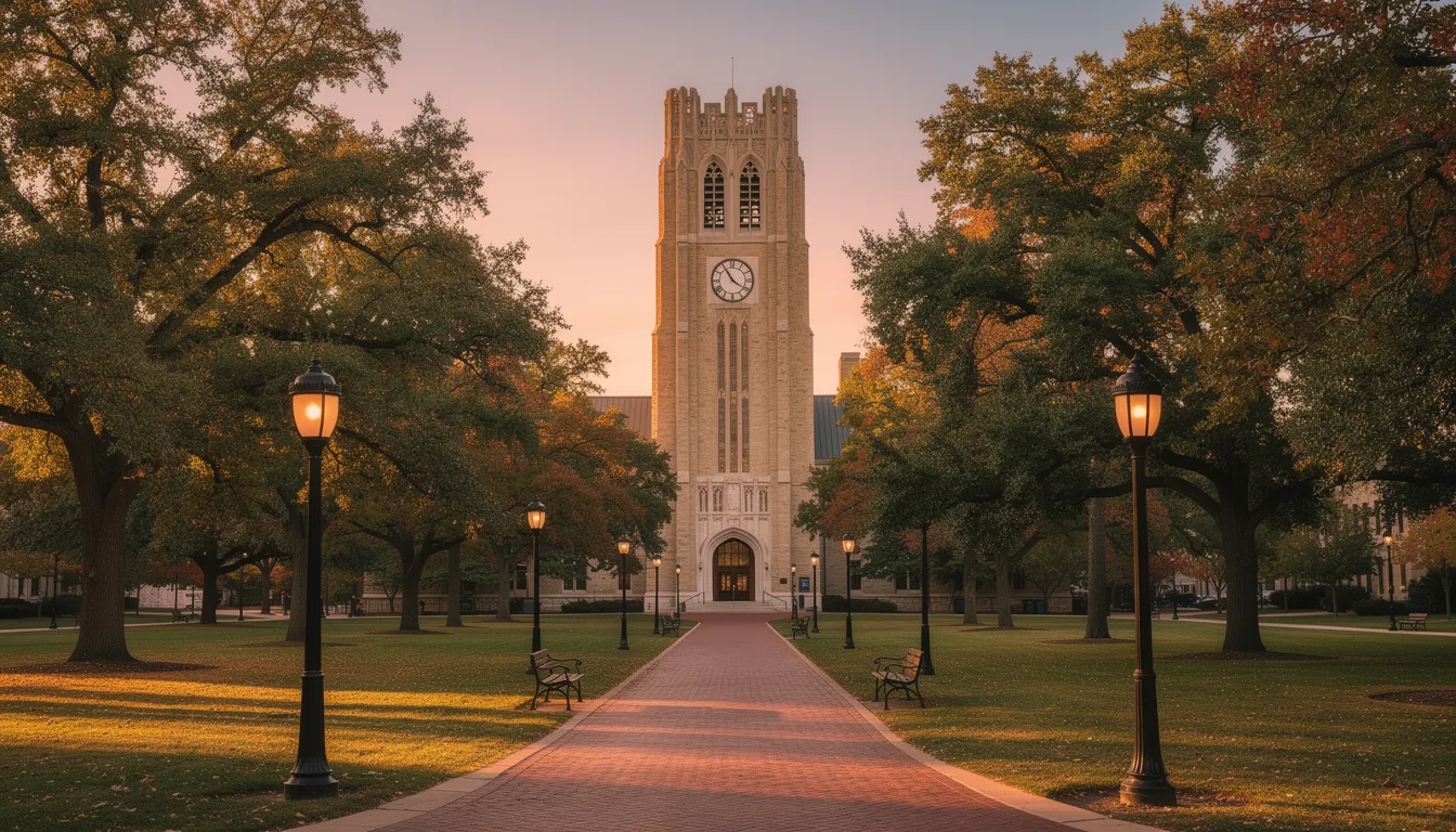 Historic limestone college clock tower on a tree-lined quad at golden hour