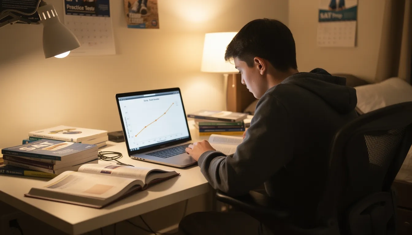 Student studying for the SAT with practice materials and a rising score graph on screen