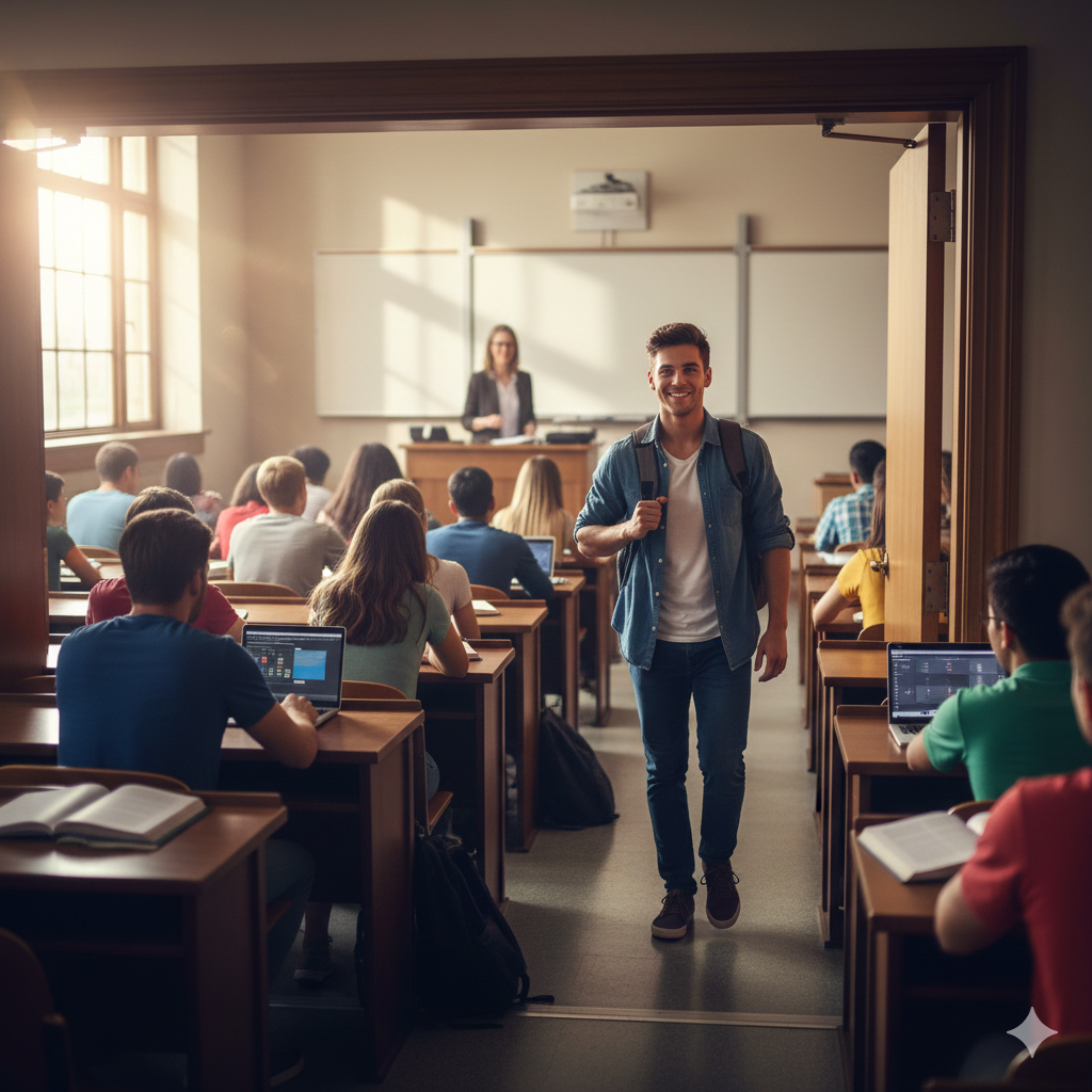 student walking into his college classroom