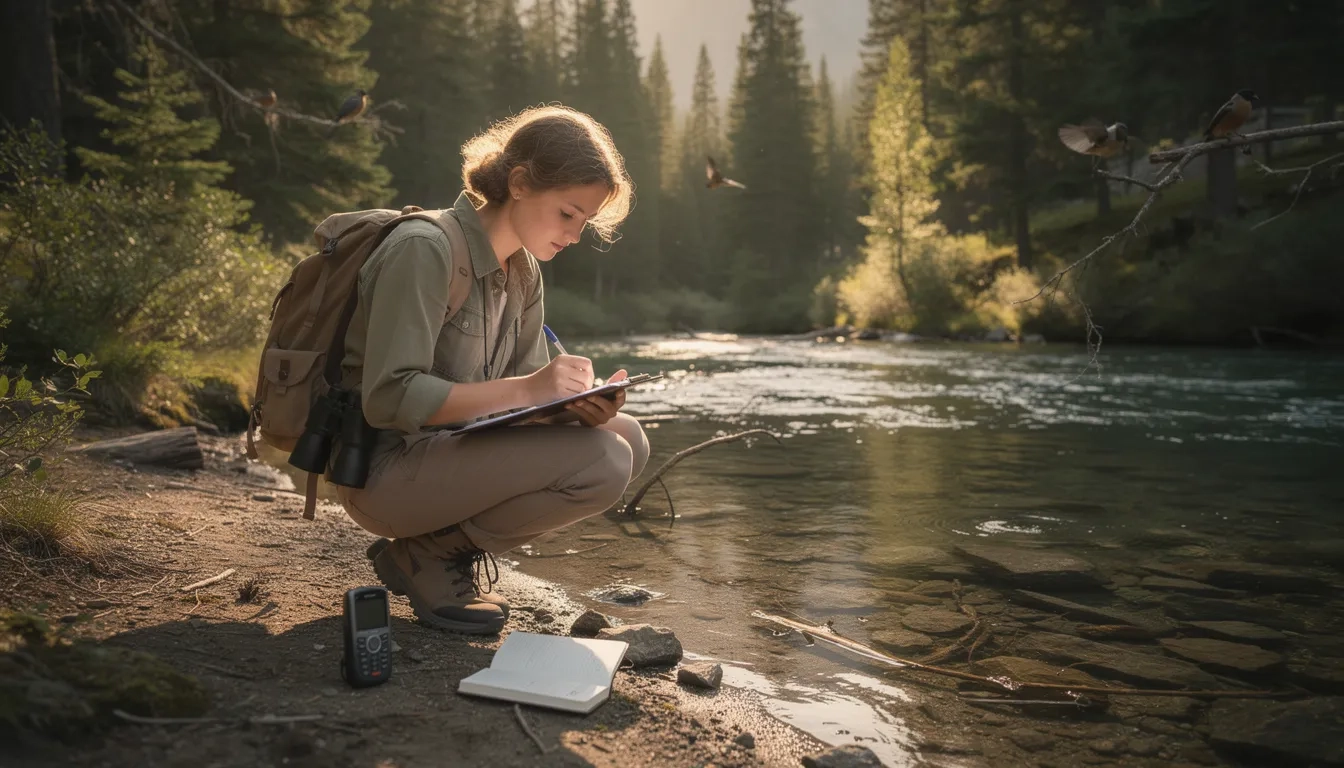 Wildlife biology student conducting fieldwork in a forest ecosystem