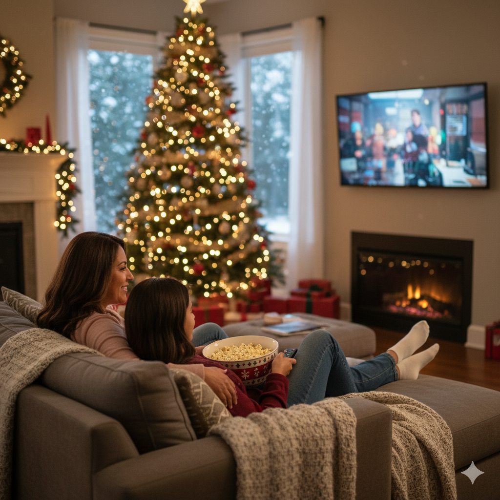 Family watching holiday movies at home during winter break