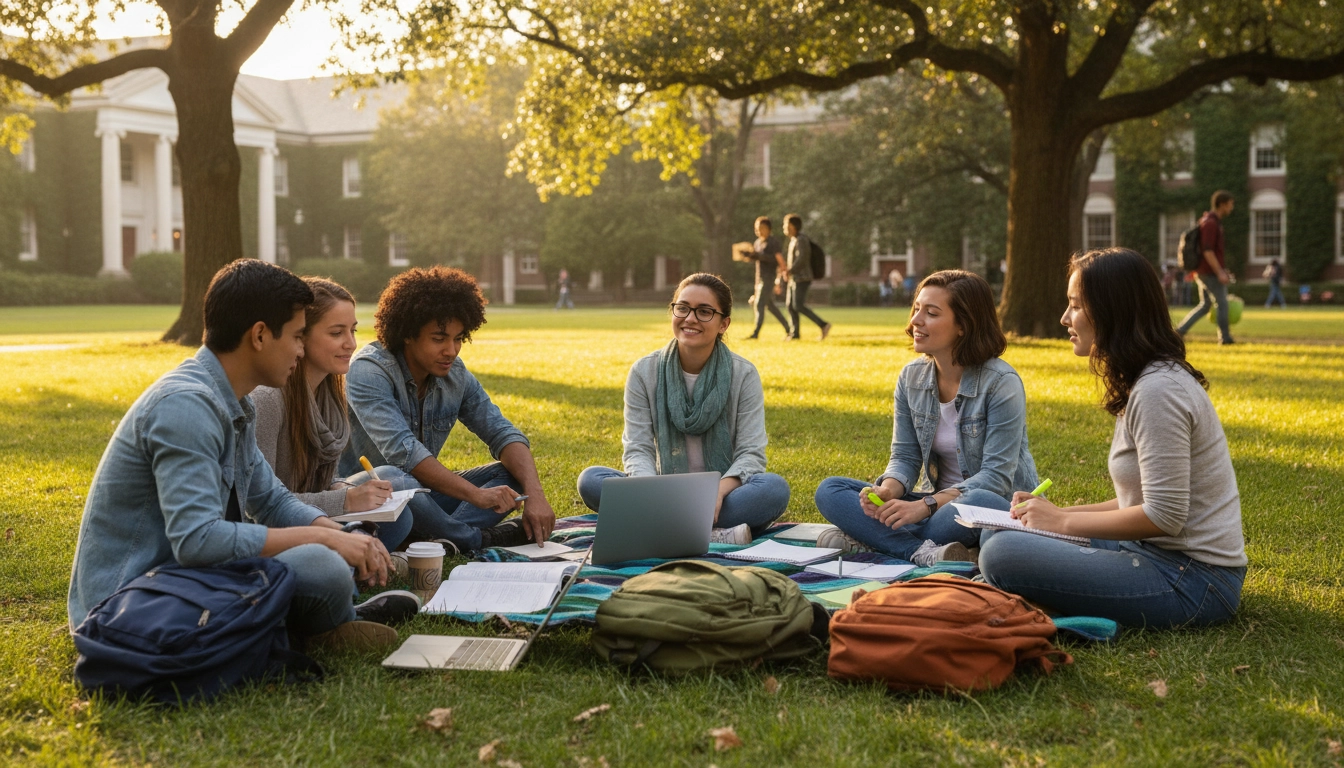 Diverse college students studying together on a university campus