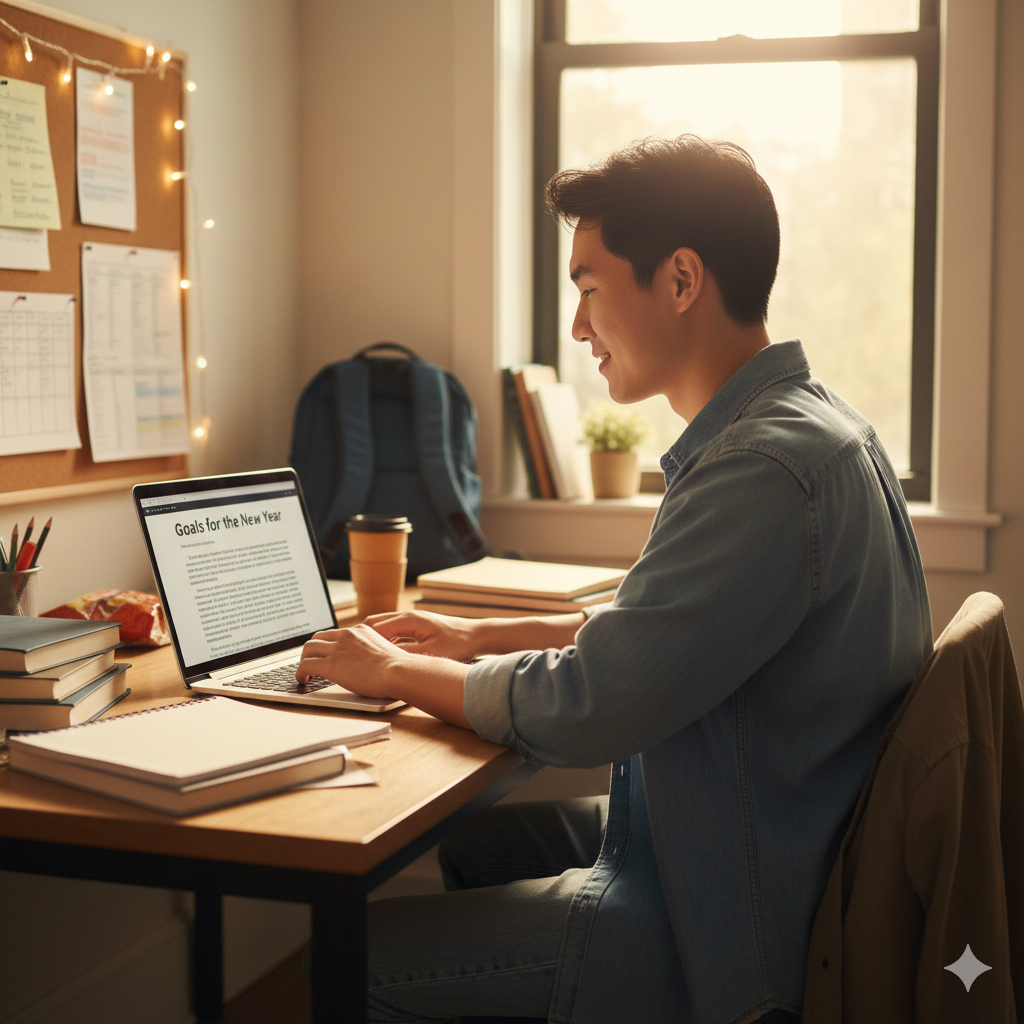 student typing up his New Year's goals