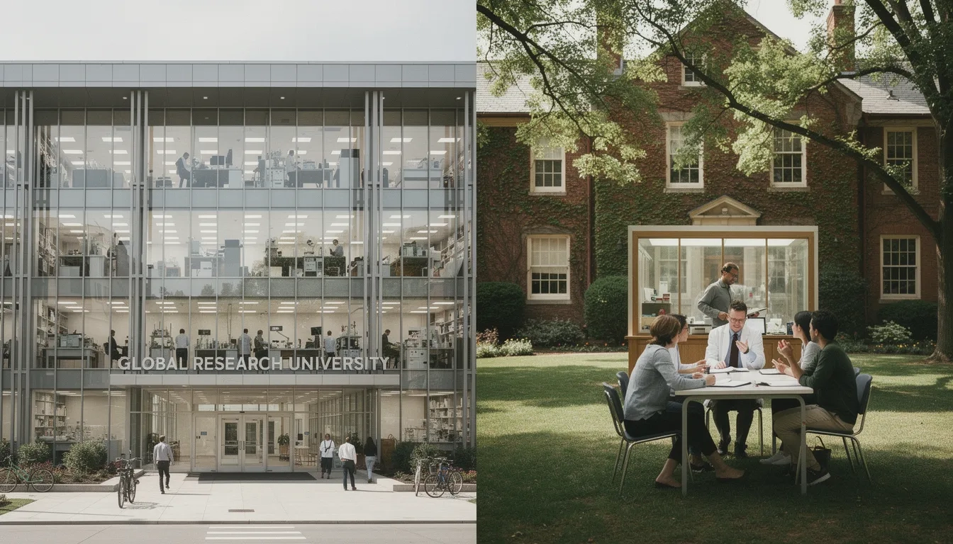 Side-by-side comparison of a large research university campus and a small teaching-focused college campus