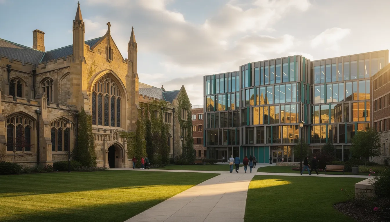 A university quad showing a traditional stone chapel beside a modern academic building at golden hour