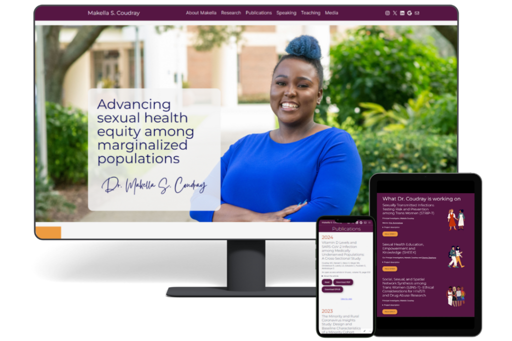 Dr. Makella S. Coudray's personal academic website designed by Jennifer van Alstyne of The Academic Designer LLC. This graphic shows the website on desktop, mobile, and tablet screens.