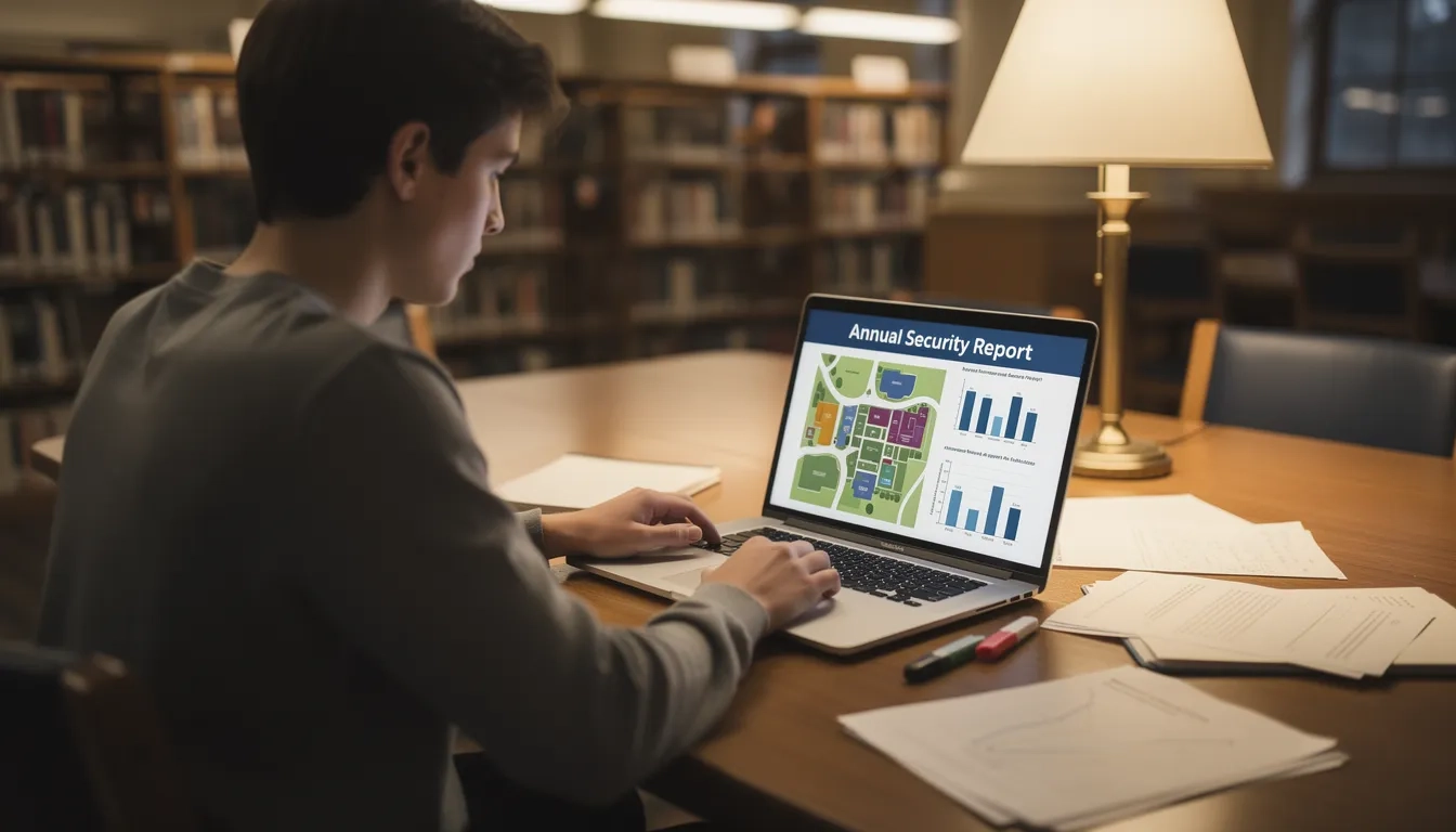 Student reviewing campus Clery Act annual security report on a laptop