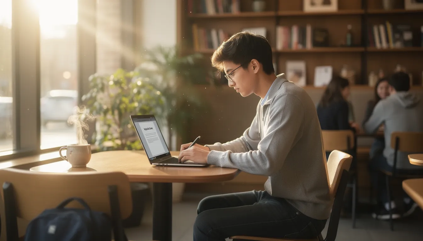 Transfer student writing an application essay on a laptop