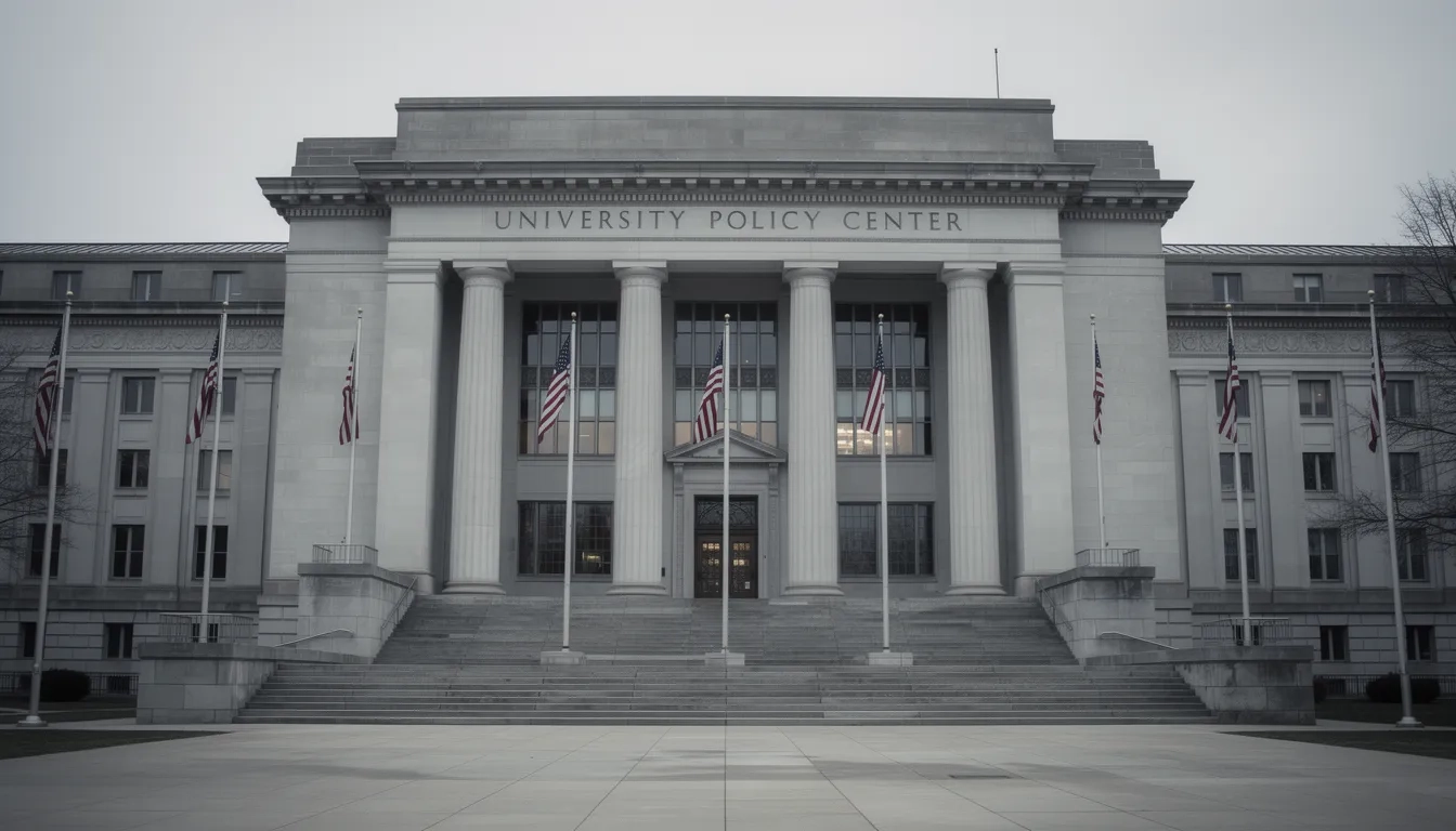 University administrative building exterior with stone columns and official signage