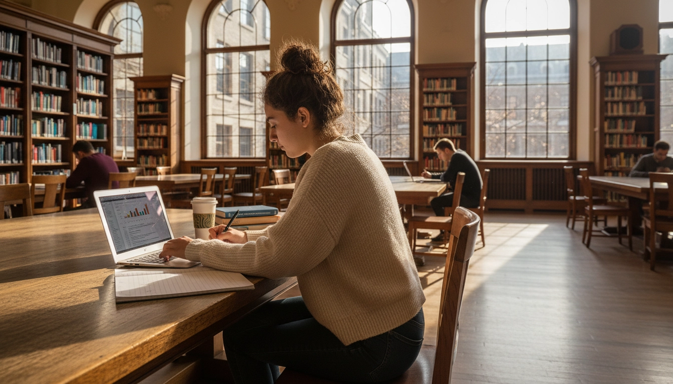 College student working on a laptop in a campus library, with textbooks and a coffee cup nearby, looking focused and purposeful