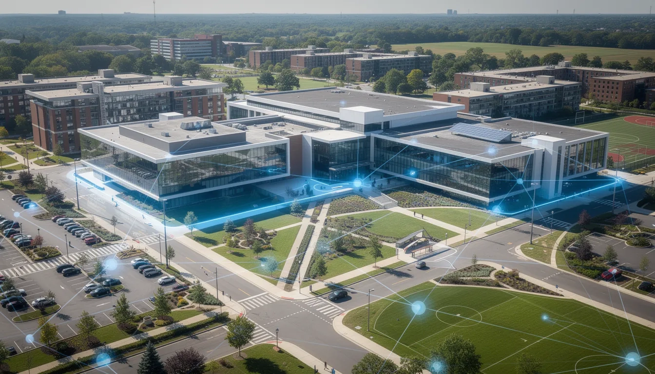 A wide aerial view of a bustling university campus with glowing digital network lines overlaid, representing rapid institutional AI adoption