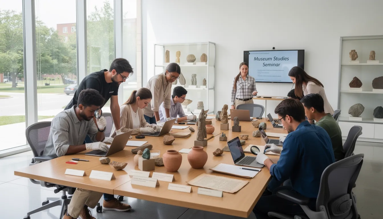 Museum studies students examining artifacts in a university seminar room