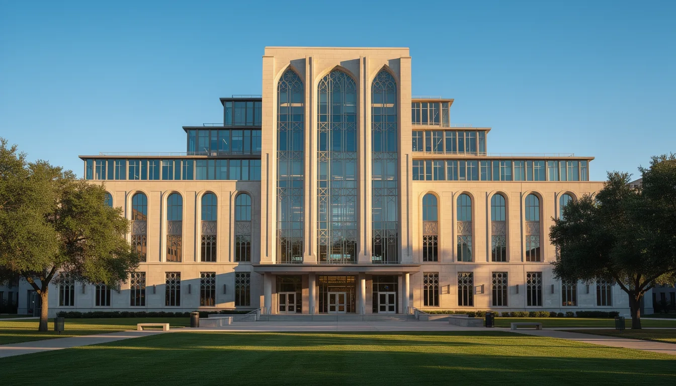 Grand engineering university building bathed in golden light