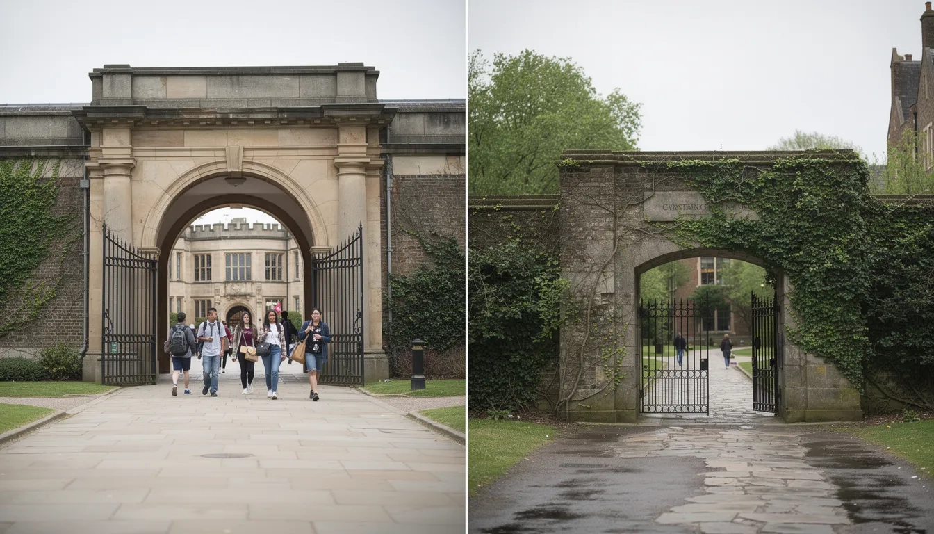 Two university gate entrances symbolizing the contrast between first-year and transfer acceptance rates