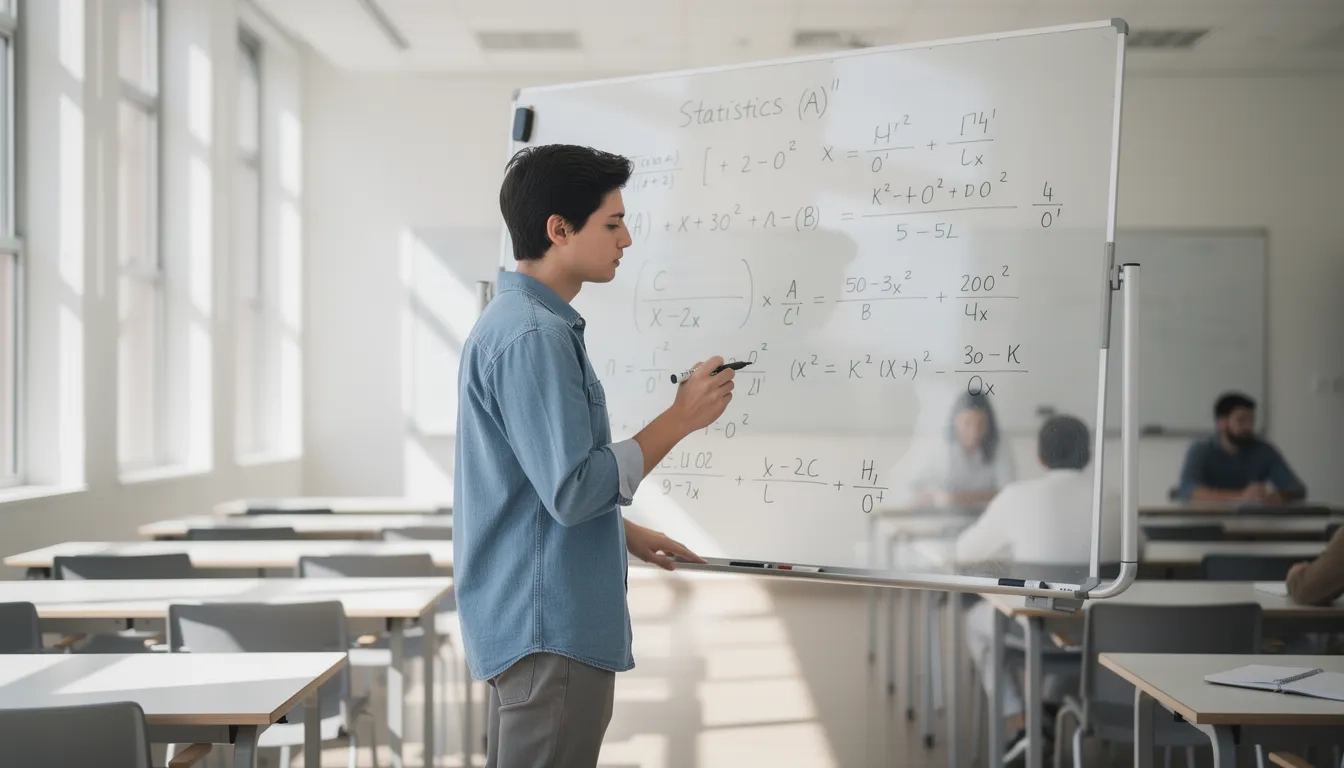 Actuarial science student working through formulas on a whiteboard
