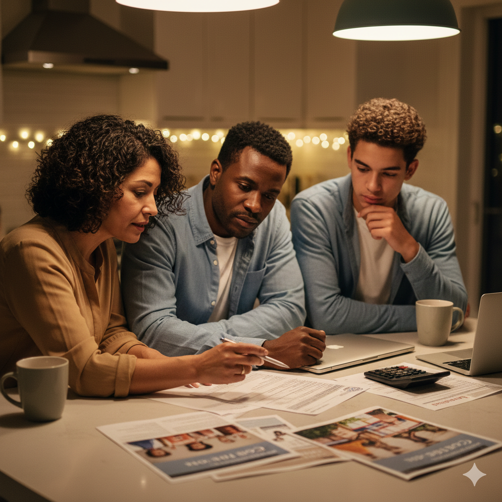 family talking about the cost of college