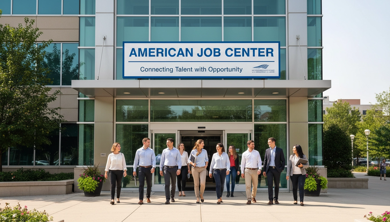 A modern American Job Center entrance with people walking in, bright signage, professional atmosphere