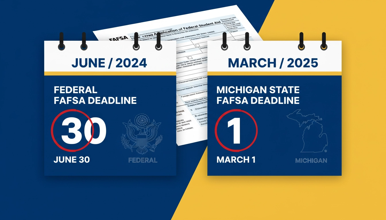 Two FAFSA deadlines shown on calendars representing federal and Michigan state aid cutoff dates