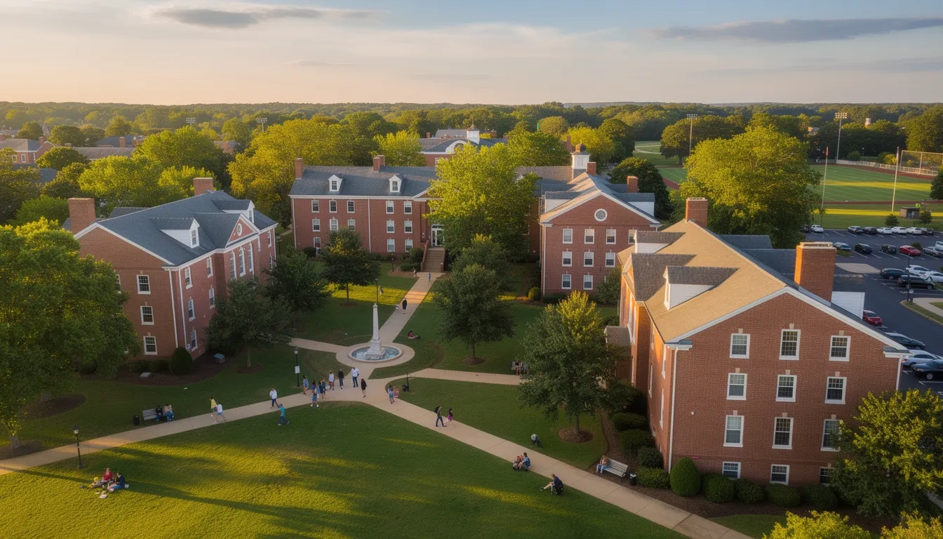 Overview of a college campus in Arkansas with traditional brick buildings and green spaces