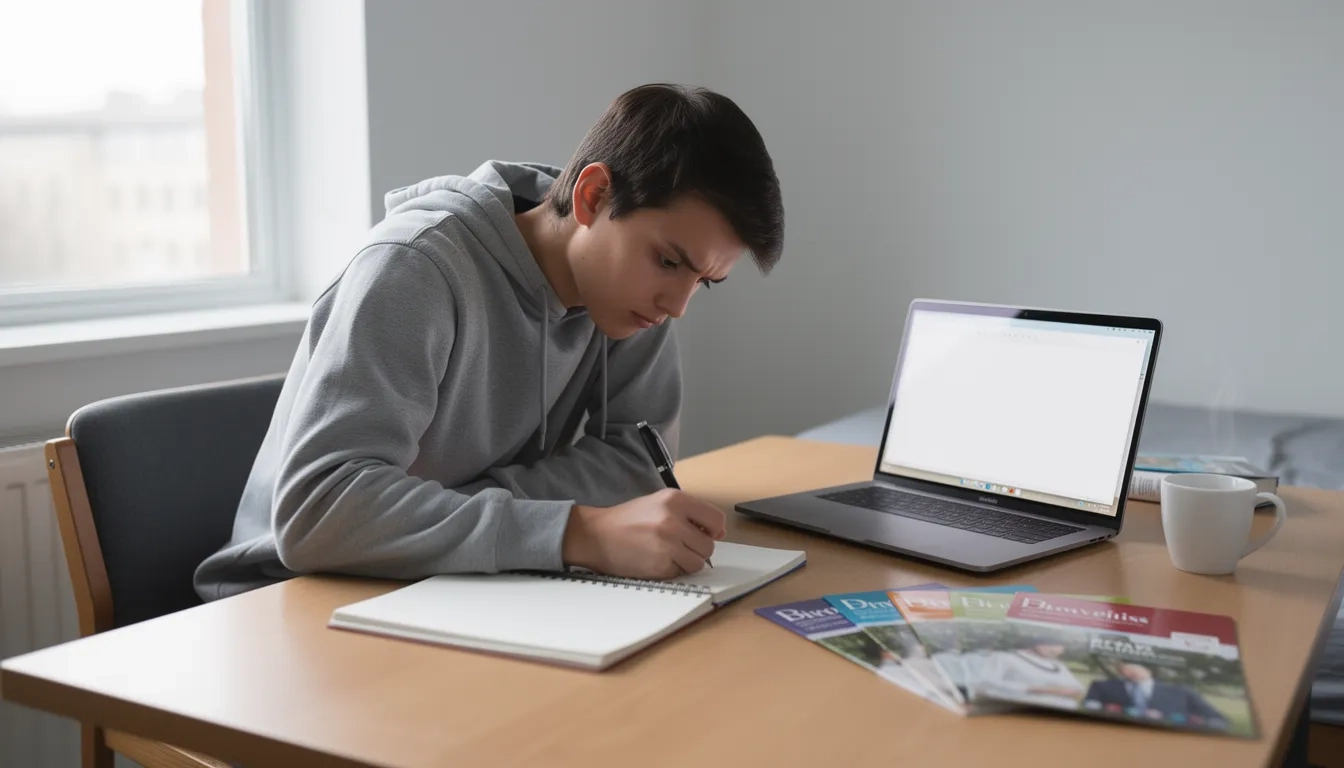 College student writing a transfer application essay at a desk