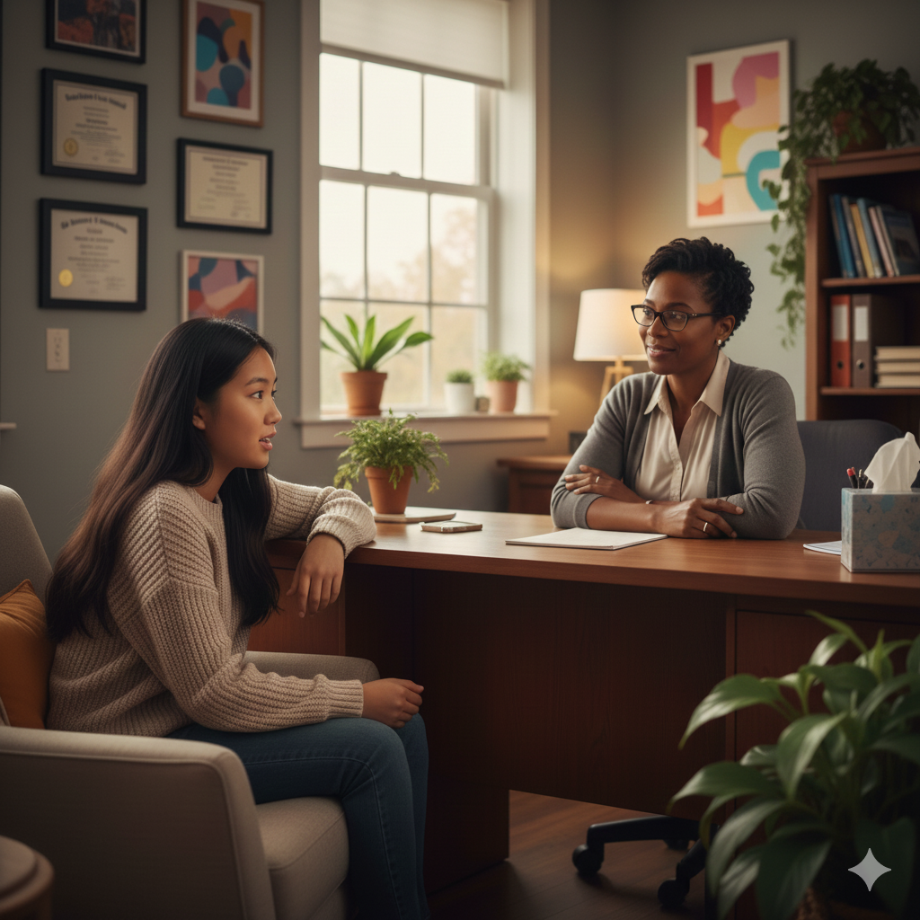 student and counselor in therapy office