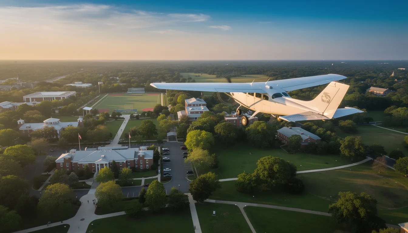 Small aircraft flying over a university campus