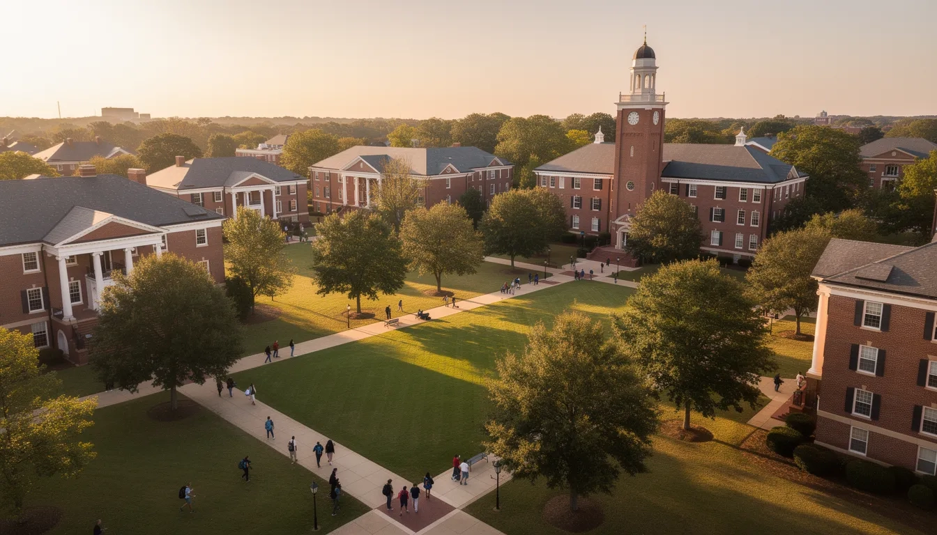 Aerial view of a Alabama university campus with red brick buildings and green quad