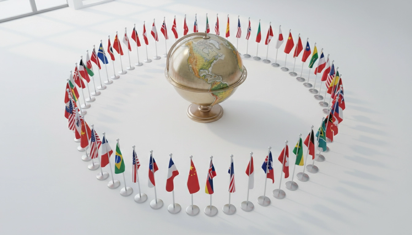 Globe surrounded by international flags representing global geography competitions in 2026