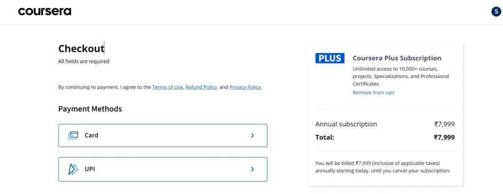 Coursera Plus INR 7999 Offer - Checkout