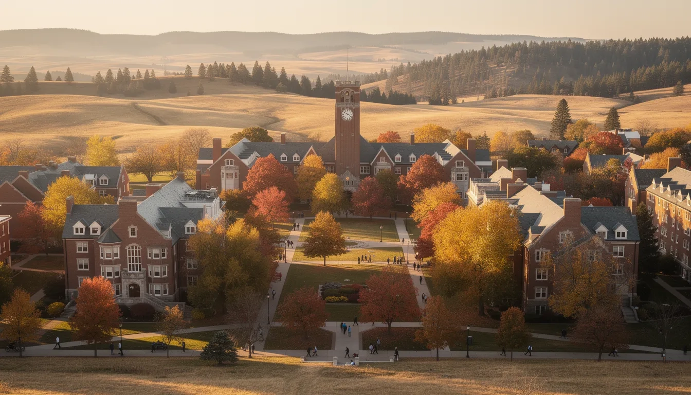 University campus in Idaho with autumn foliage and rolling hills in the background