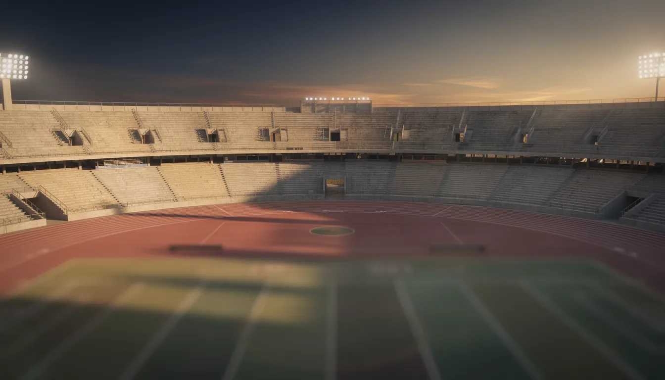 Empty collegiate stadium at golden hour representing college athletics divisions