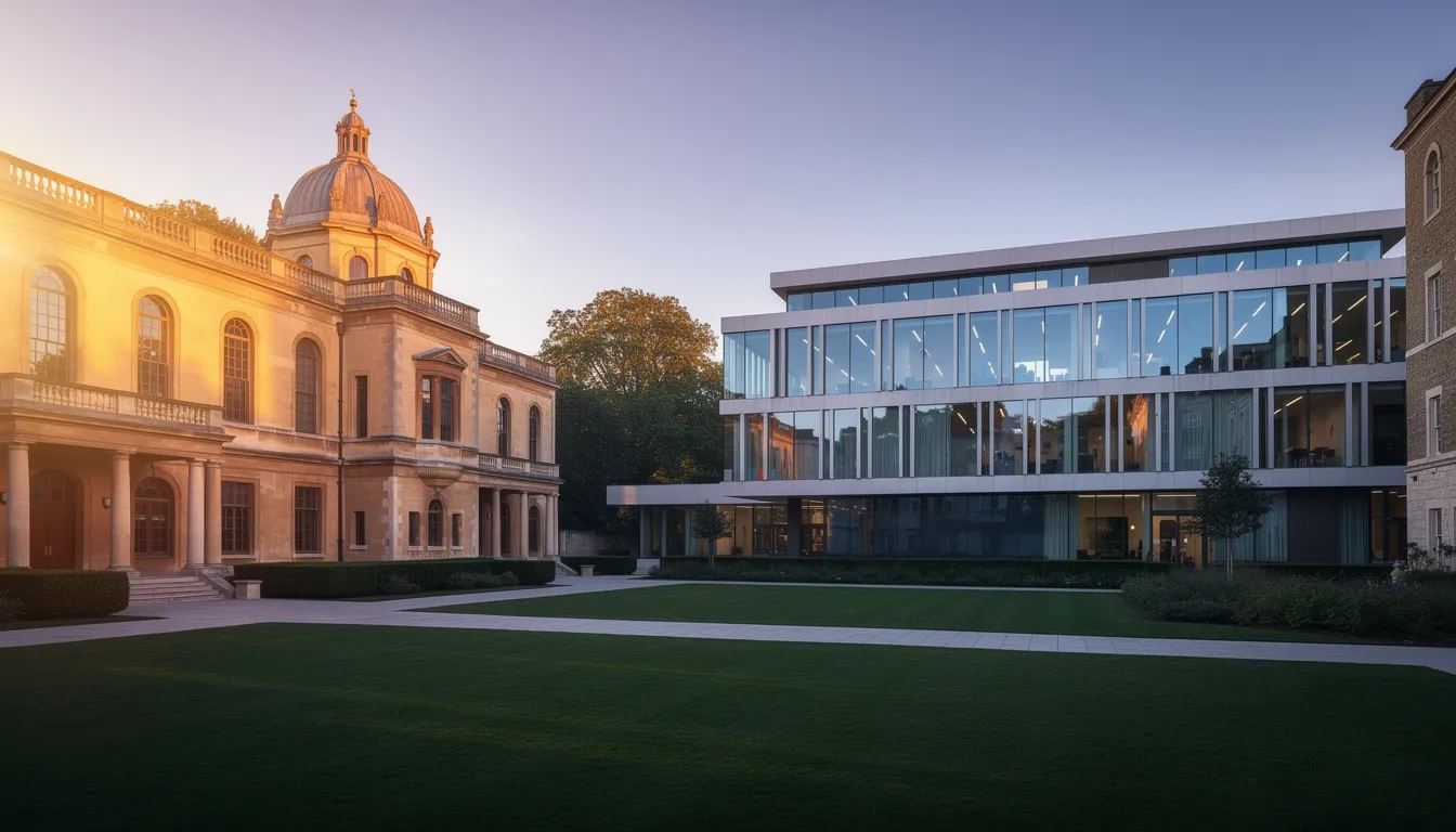 Split view of two contrasting university campus buildings symbolizing academic comparison