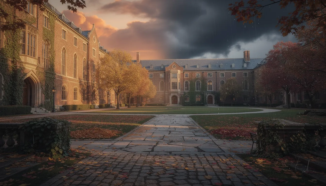 University campus quad half in golden sunlight, half under storm clouds