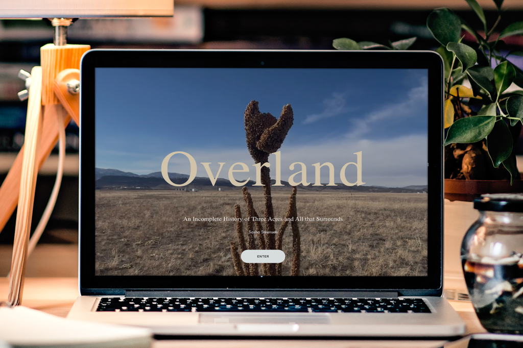 Open laptop with author website of Sasha Steensen called Overland on the screen. Overland is An Incomplete History of Three Acres and All that Surrounds.