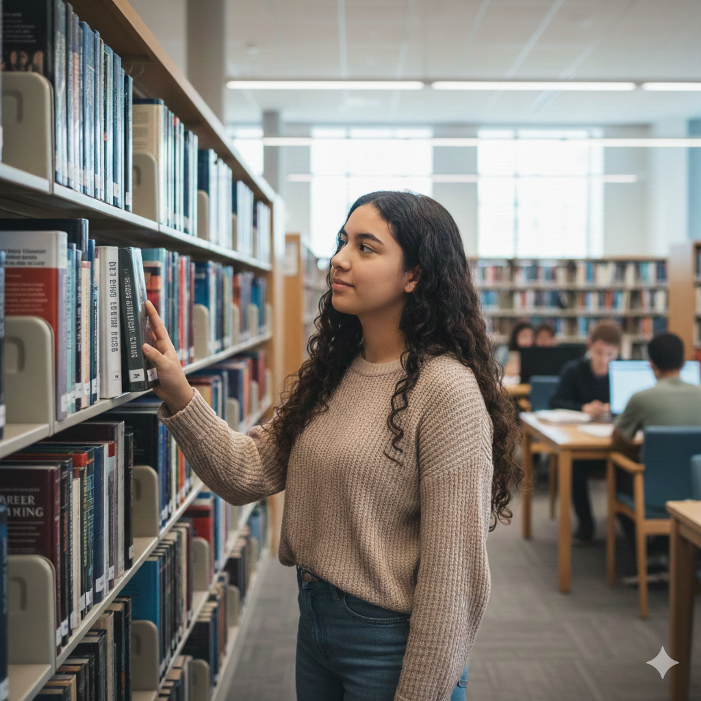 student in a library