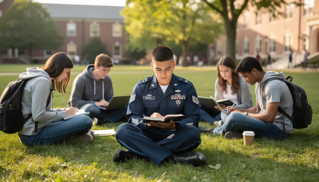 ROTC cadet studying alongside college students on campus