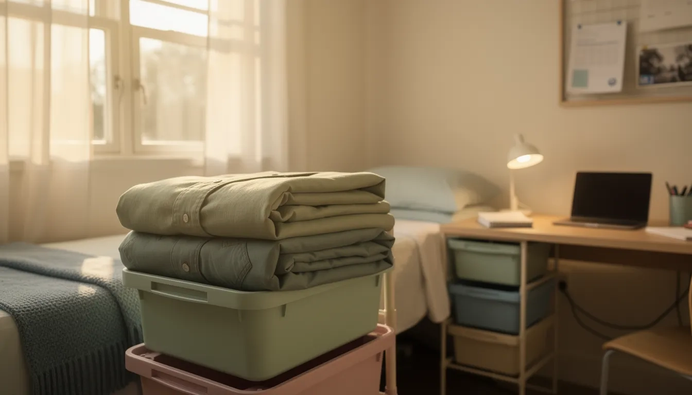 Neatly organized dorm room with Twin XL bed, storage bins, and desk setup