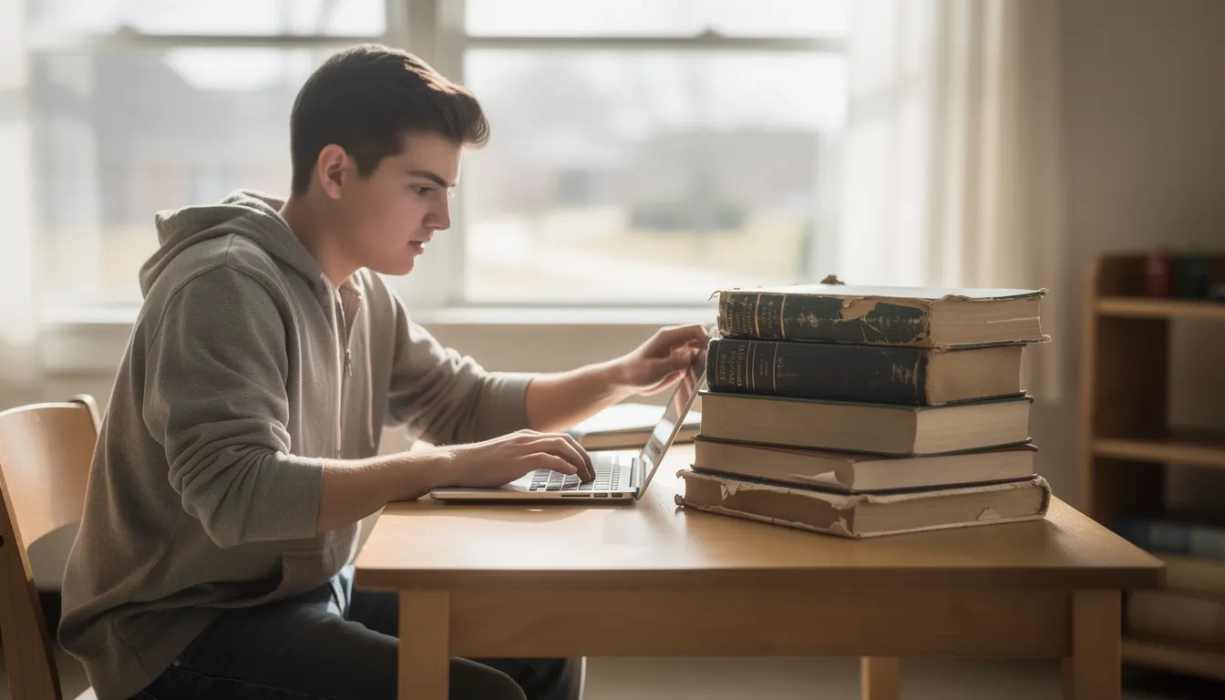 Student comparing textbook prices with a stack of books