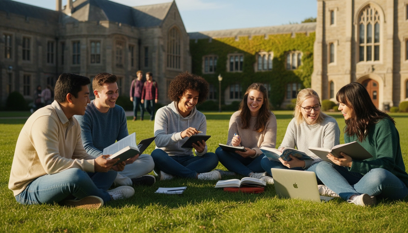 A diverse group of college students sitting together on a campus lawn, looking relaxed and connected