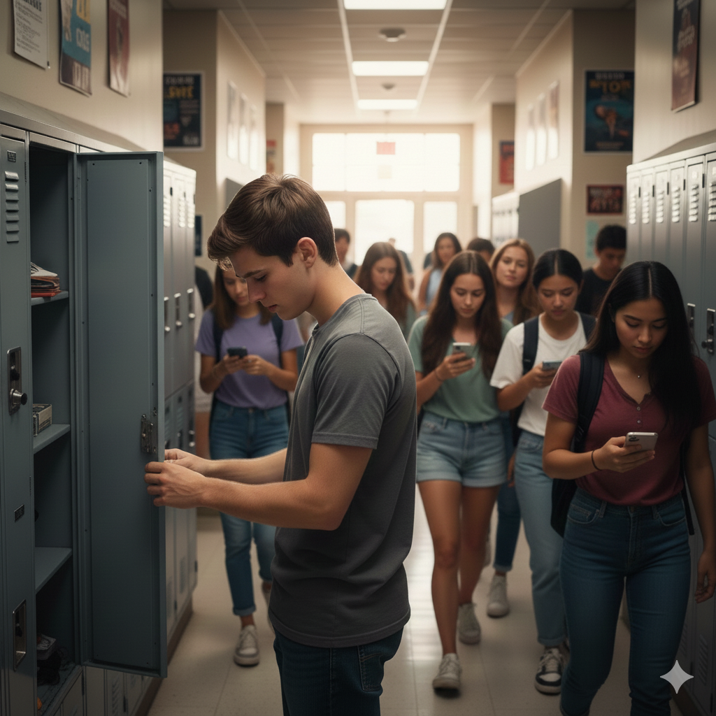 lonely student in front of his locker
