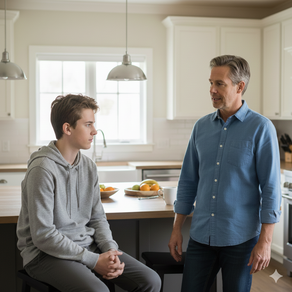 Dad and teen son talking 