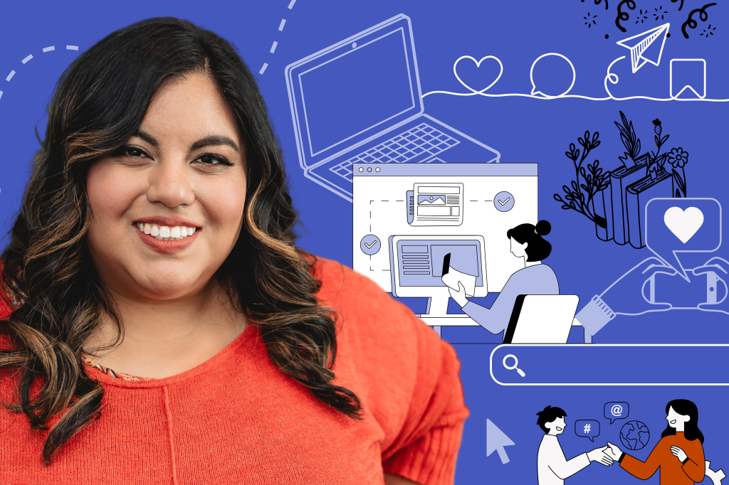 Jennifer van Alstyne smiles and wears an orange sweater. She's a latina woman with long black curled hair. There is a blue background on this graphic with icons to represent online presence and social media with things like an illustration of people connecting online, a person working on their personal website, a search bar, hands holding a phone taking a selfie, a book with flowers coming out of it for afterlives for our academic publications, and a laptop.