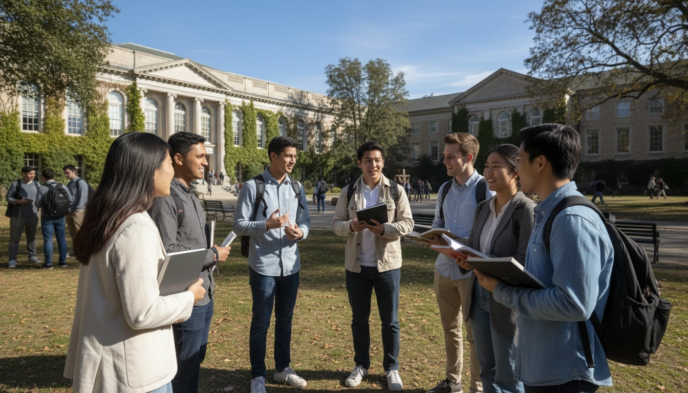 Diverse college students gathered on a campus quad