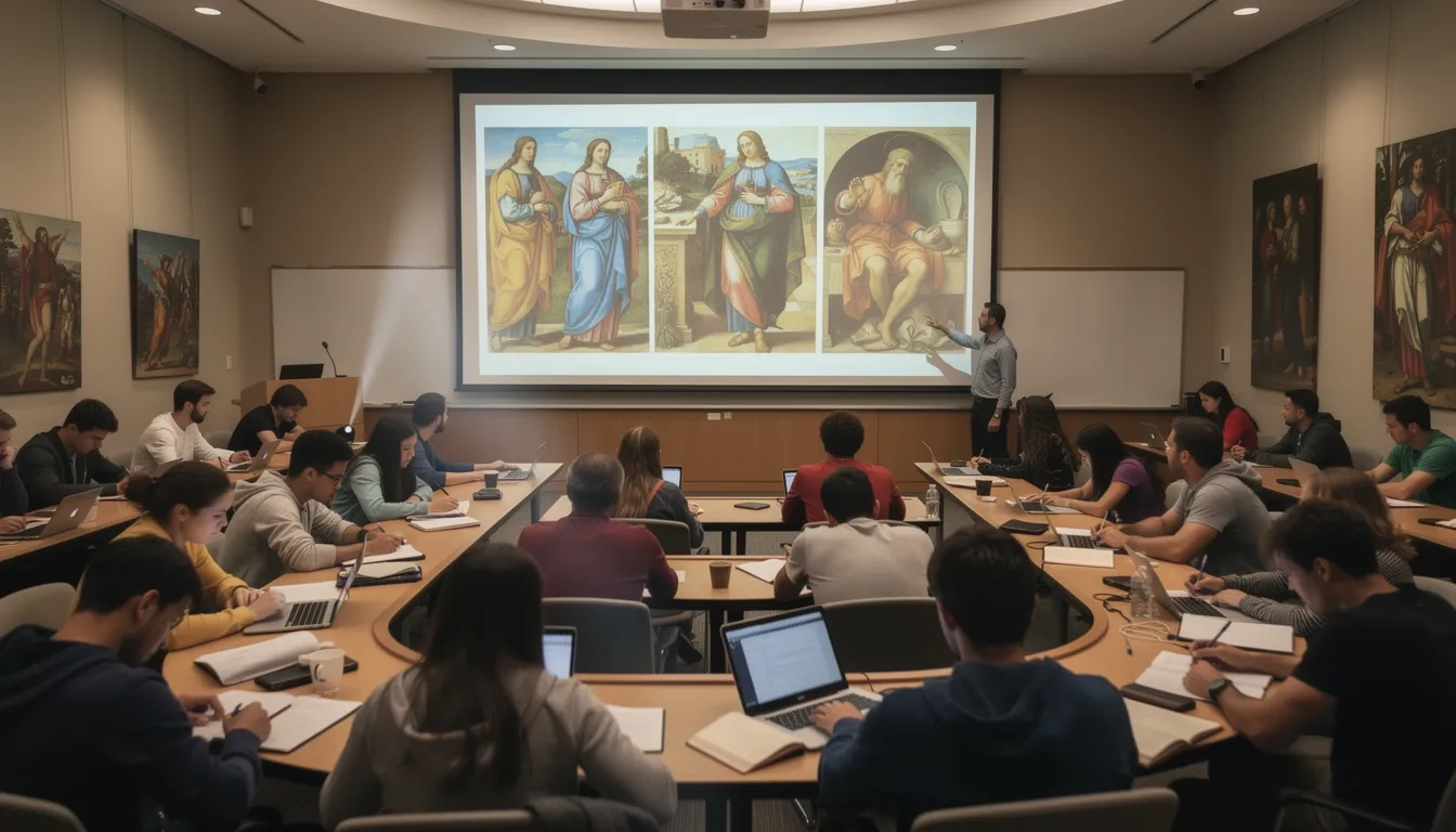 Students attending an art history lecture with projected artwork