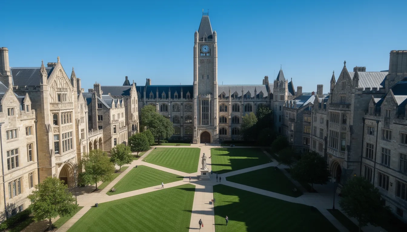 Aerial view of a large prestigious university campus
