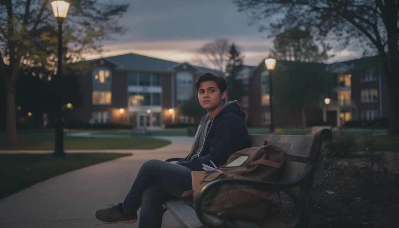 College student sitting alone on campus bench at dusk looking thoughtful