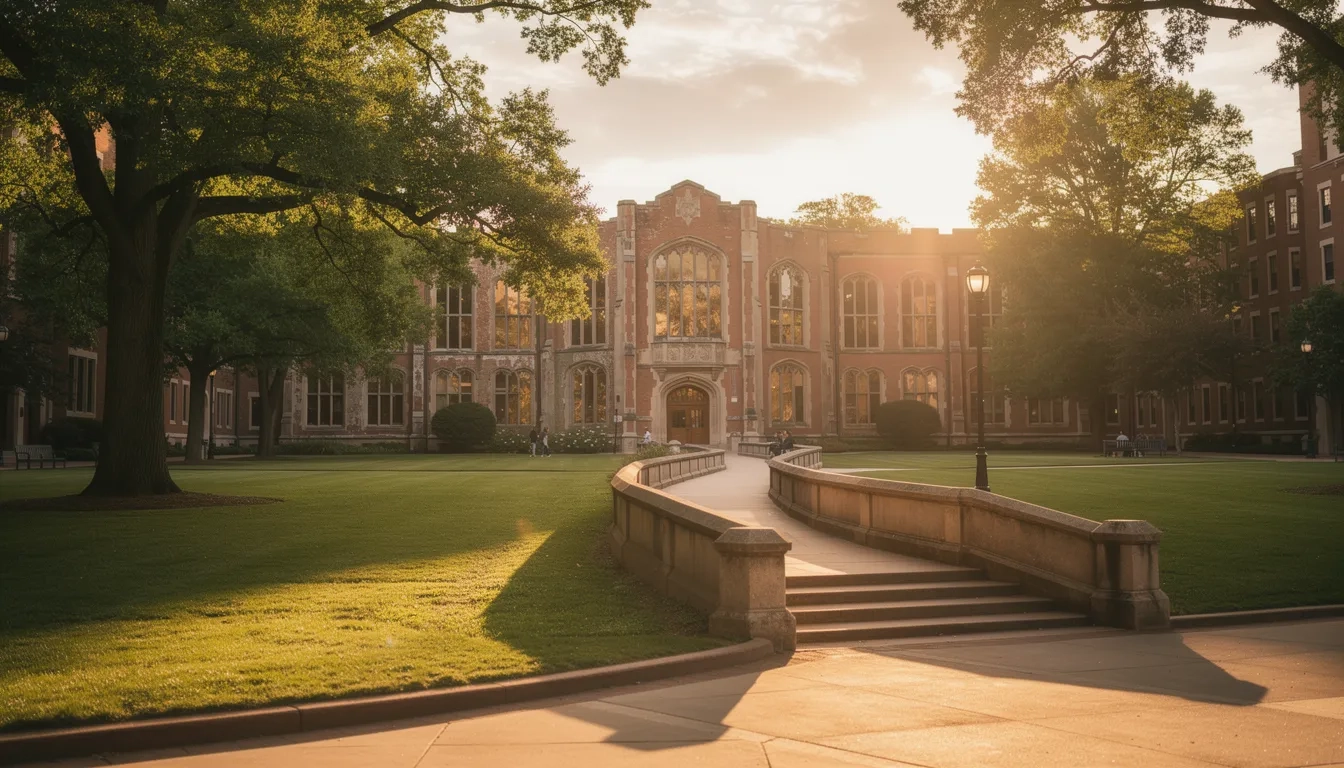 University quad with an accessible ramp beside stone steps at golden hour