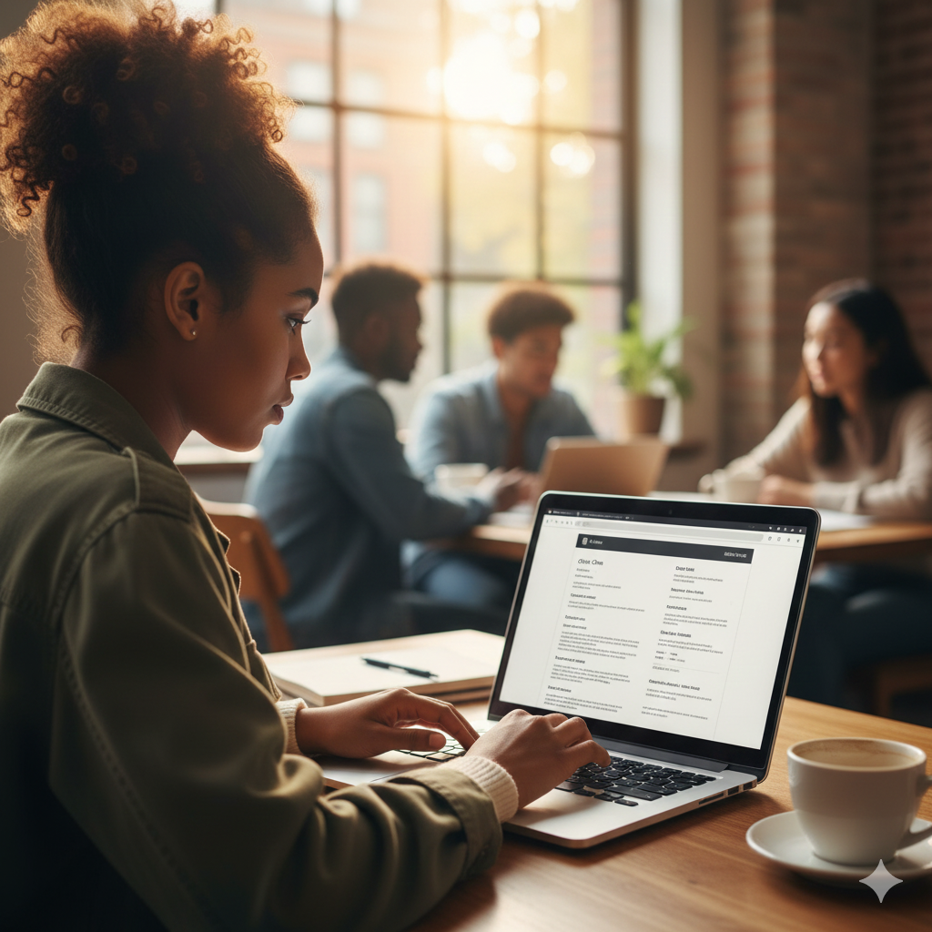 student working on her resume, one of her New Year's goals